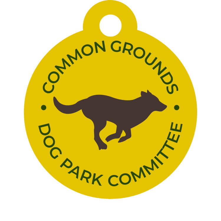 Common Grounds Dog Park Committee Logo on a dog tag.